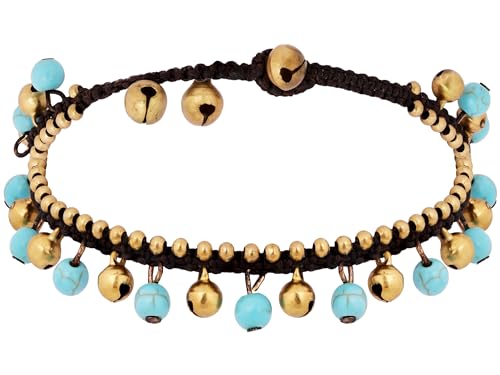 MINACHI Bohemian Style Anklet with Jingling Bell and Hand-woven Rope, Turquoise-toned and Brass Chain Foot Bracelet, Summer Beach Ankle Bracelet for Women