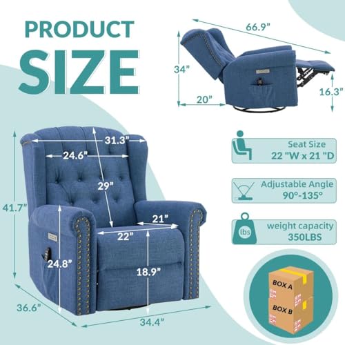 Image of Power Swivel Rocking Recliner Chair with Electric Rocker Nursery Reclining Chair, Wingback Tufted Upholstered for Living Room, USB Ports Color Navy Blue
