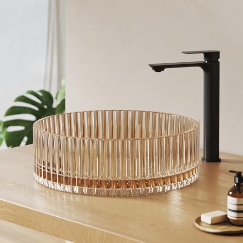 EMKE Lavabo surtop en Verre Rond 40,0 × 40,0 × 12,0 cm – Lavabo en Verre Design Grand Volume pour Salle de Bain & WC d’Invités, Lavabo de Main Sans Trou pour Robinet, Couleur Or Rose