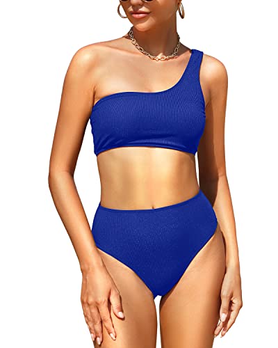 Tempt Me Women Royal Blue One Shoulder High Waisted Bikini Ribbed Two Piece Swimsuits High Cut Bathing Suit With Bottom S #TOP19