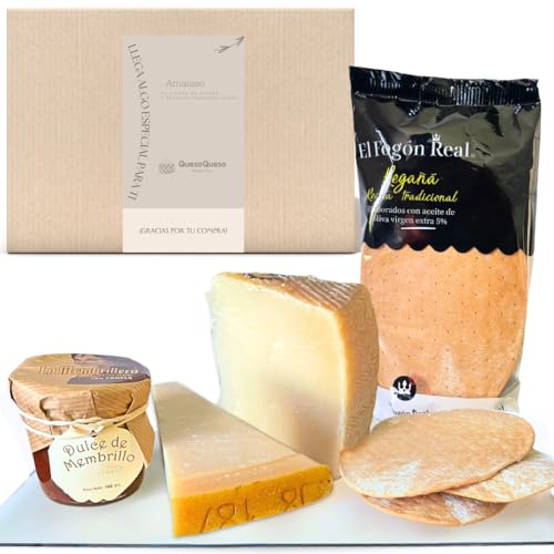 Amaisso® Caja de Quesos Regalo Gourmet - Cestas Regalo - Surtido 2 Cuñas Queso Curado, Membrillo y Regañás - Queso Parmesano y Queso Cabra - Pack 'Postre con Q de Queso' (Queso y Membrillo con Canela)
