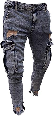 Andongnywell Mens Skinny Stretch Destroyed Denim Pants Ripped Slim Match Trousers Stretch Knee Pocket Denims
