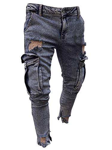 Andongnywell Men Skinny Stretch Destroyed Denim Pants Ripped Slim Fit Jeans Trousers Stretch Knee Pocket with Zipper