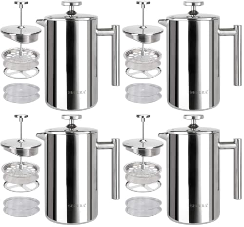 Image of Secura French Press Coffee Maker, 304 Grade Stainless Steel Insulated Coffee Press with 2 Extra Screens, 12oz (0.35 Litre), Silver (Pack of 4)