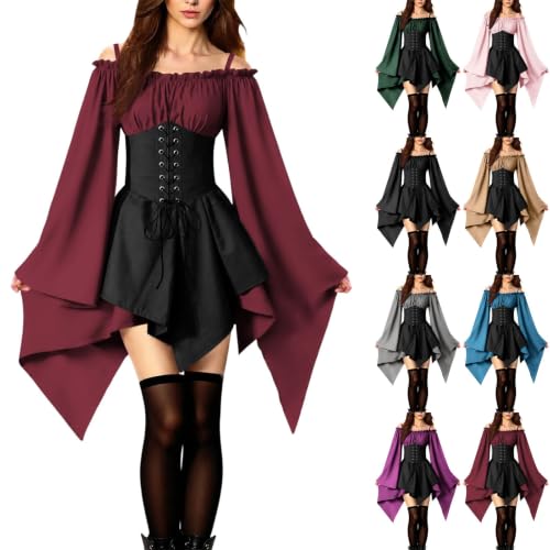 GOSEAGOTOFUN Halloween Dresses for Women Medieval Witch Off Shoulder Dresses Halloween Costumes Lace Up Corset Gothic Outfits 01-Wine Small - image 1