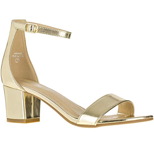 Sandalias de tacón de Gatito con Correa al Tobillo para Mujer - Adorables Tacones de Bloque bajo - Jasmine, Dorado (Dorado PU), 39 EU