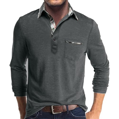 DENGJIAMY - Polo de manga larga con botones y cuello en V para hombre, talla grande, camiseta de manga corta para hombre, estilo informal, de negocios, Z11 gris oscuro, L