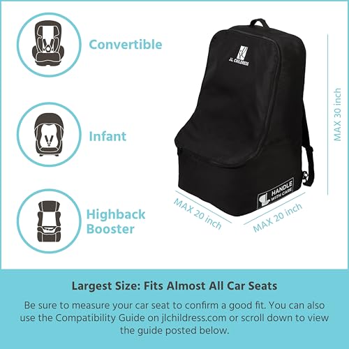 jl childress padded backpack car seat bag - travel bag for airplane fits most baby amp infant car seats boosters amp carriers accessories for gate or baggage check airtag compatible - deluxe black