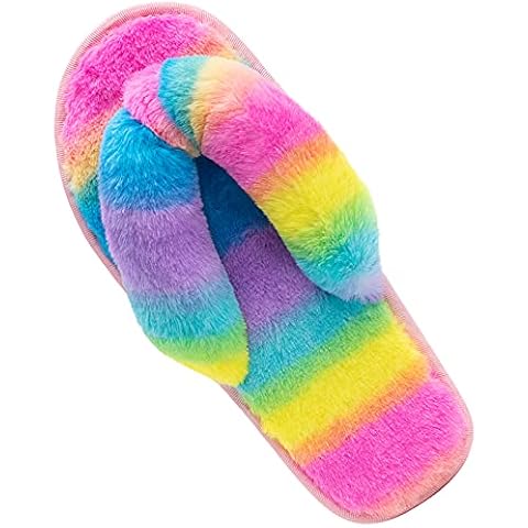 Women's Fuzzy Memory Foam Flip Flop Slippers Soft Comfy Open Toe Slip On Spa Thong Flat Sandals Ladies House Home Furry Sandal Slides Indoor Outdoor (8.5-9.5, Stripe Rainbow, numeric_8_point_5) Cover