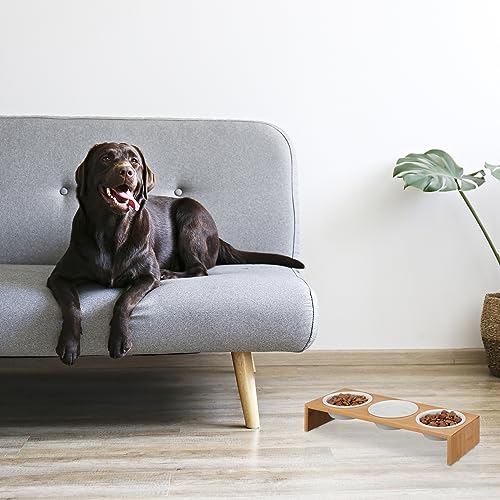 Relaxdays Futterstation Hund, Hundebar 3 Näpfe, je 400 ml, spülmaschinenfest, Bambus & Keramik, Napfständer, Natur/weiß