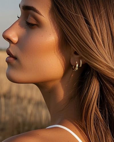 3 PairsTrendy Dainty Set Earrings- 14K Gold Plated Hoop Earrings for Women, Hypoallergenic Lightweight Stackable Jewelry Gift for Multiple Piercings4