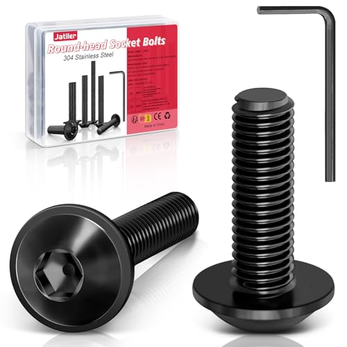 JatilEr 10 viti a testa bombata M8 × 30, esagono incassato a testa semicircolare con flangia, viti in acciaio inox 304, colore nero, A2 V2A, filettatura completa con chiave a brugola