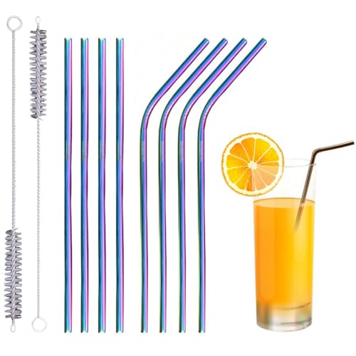 Juego de 10 pajitas de metal para beber (4 rectas + 4 dobladas + 2 limpiadores), pajitas reutilizables ecológicas de 8.5 pulgadas, pajita de acero inoxidable para vaso, cóctel con funda de viaje