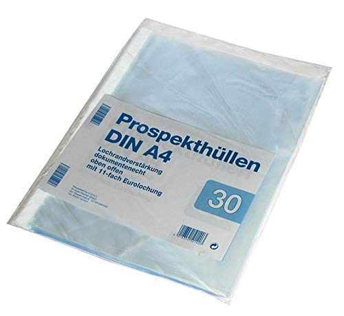 30 Prospekthüllen DIN A4 Genarbt oben offen PP Klarsicht Hüllen mit 11-fach Eurolochung dokumentenecht für alle Ordner passend Cover