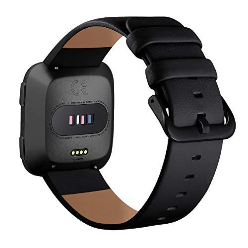 Correa para reloj Fitbit Versa de cuero negro miniatura 2