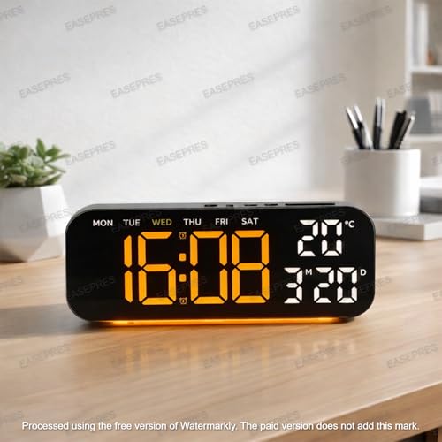 Image of EASEPRES Digital Wall & Table Clock, RGB Bottom Light, Type-C Charging, Dual Alarm, Date, Day & Temperature Display, 12 /24 Hour Format, for Bedroom, Table, Home,Office (Orange, 10 inch)
