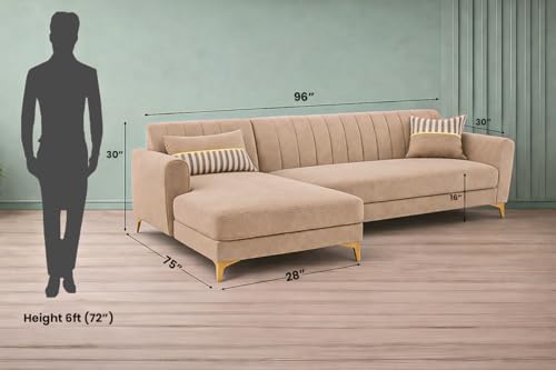 Image of Adorn India Premium Luster 8 Seater L Shape Sofa Set with 2 Puffy & 1 Center Table | Velvet Suede Fabric | 3-Year Warranty | LHS | Beige with Golden Legs & Striped Pattern Cushion