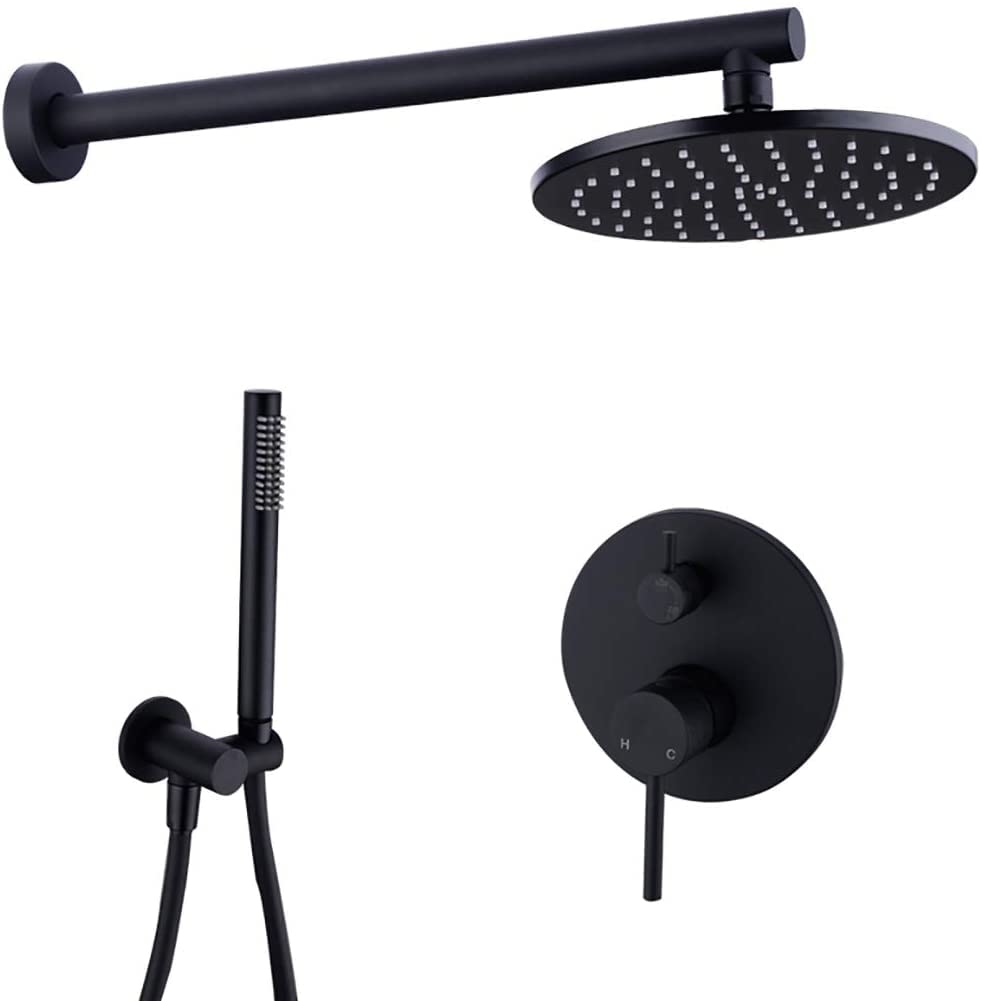 OZBMA shower set system, wall mounted brass black diverter mixer bathroom with 8-12 inch round rainfall head and handheld shower, set,12