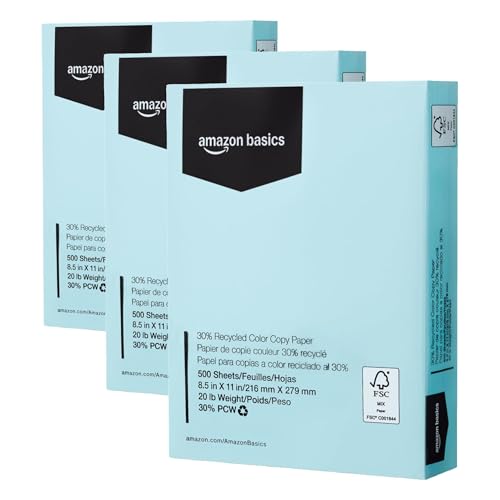 Image of Amazon Basics 30% Recycled Color Copy Paper, 8.5 inch x 11 inch, 20lb, Pastel Blue, 500 Sheets (Pack of 3)