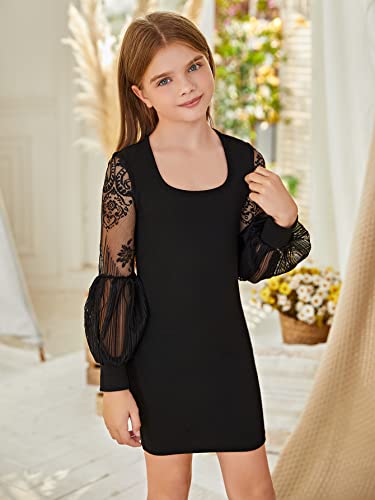 Wdirara Girl's Floral Lace Mesh Long Lantern Sleeve Scoop Neck Fitted Pencil Short Dress Black 11-12Y #TOP2