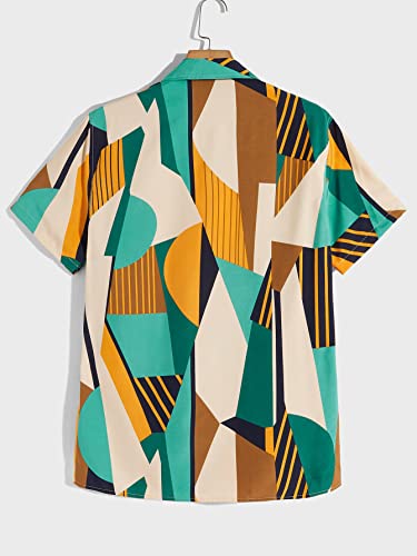 Romwe Men's Casual Geo Graphic Print Short Sleeve Button Down Shirt Top Green Colorblock L #TOP1