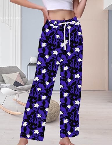Image of Veseacky Women's Wide Leg Lounge Pants Yoga Pajamas Comfy Stretch Drawstring Pajamas Puls Size Dance Bottoms S-4XL