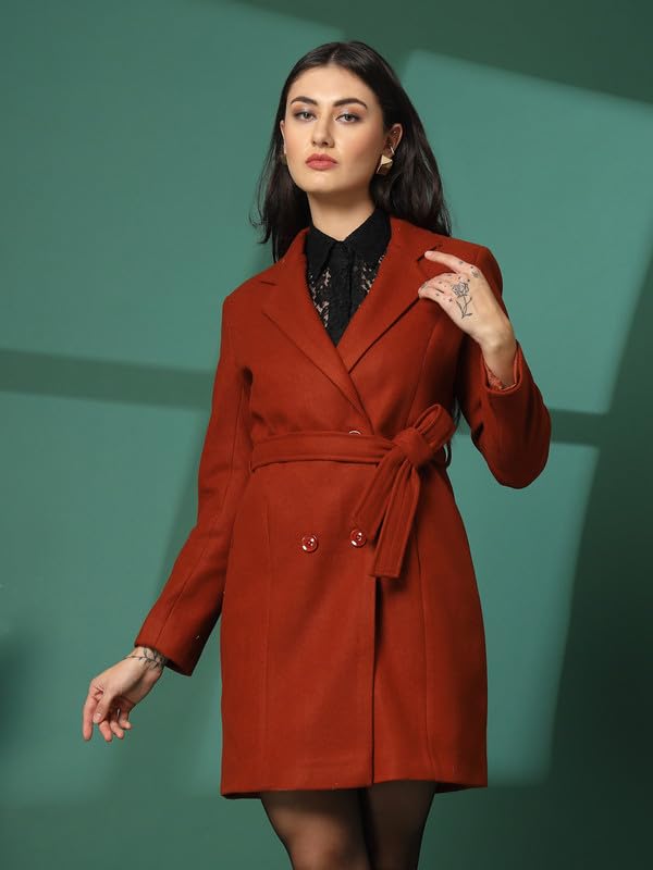 Image of CHKOKKO Polycotton Winter Wear Double Breasted Long Coat for Women Rust L