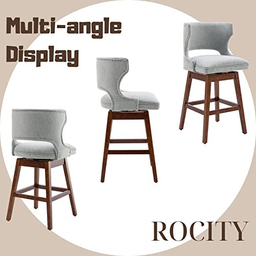 Rocity Swivel Counter Stools Set Of 2 Wood Bar Stools With Backs 26 Inch Upholstered Linen Stool Chair Farmhouse Barstools For Kitchen Island, Nailhead Trim, Grey #TOP4