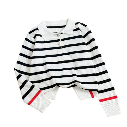 Striped Knit Polo Sweater – Button-Up Cropped Pullover with Collar – Casual Preppy Style for Everyday