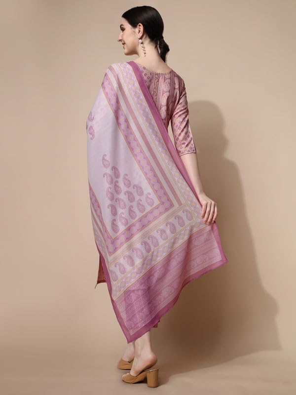 Image of NAINVISH Cotton Blend Kurti Pant & Dupatta | Kurta Set for Women | Women Kurta Pant Dupatta Set | Pink Kurta Set for Women | Printed Kurta Pant Dupatta Set