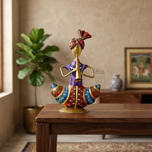 Image of Rajasthani Mini Sardar Musician Showpiece with Pipadi Instrument, Metallic Traditional Table Decor Item for Corporate Bulk Gifting and Office Desk Ornament (2x10x16 cm)