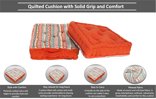 Image of Weaved Quilted Floor Cushion 50x50x10 cm Orange Boho with Cotton Filler Large Size for Seating, Patio Seat, Meditation, Yoga, Pooja, Guests, Living Room, Bedroom Size - 20x20x4 Inch