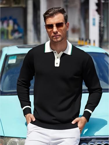Alex Vando Mens Knit Polo Shirts Long Sleeve Sweater Casual Fashion Classic Button Down Polo Shirts2