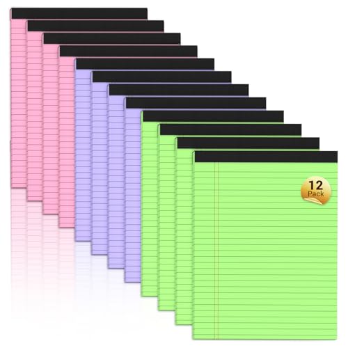 Image of Legal Pads 8.5 x 11 Colored Notepad, 12 Pack Wide Ruled Lined Paper | Micro Perforated Writing Pads 8.5 x 11, 30 Sheet /Note Pads, Pink Legal Pad 8.5 x 11 Notebook Colored Paper Tablet for School