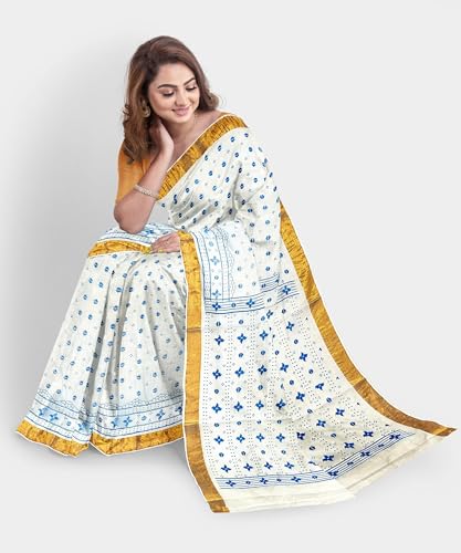 Image of eC ESHA'S COLLECTION Women's Kerala Cotton Floral Motif Printed Zari Bordered Tant Saree Without Blouse Piece