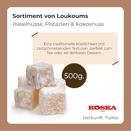 Lokum Haselnuss,Pistazien, Kokos, 500g I Türkischer Honig I Türkische Süßigkeit 500g I Geschenkgröße | Vegan | Halal | Koscher | Glutenfrei I Turkish Delight I Aromali Lokum I Ekstra Fistikli Lokum