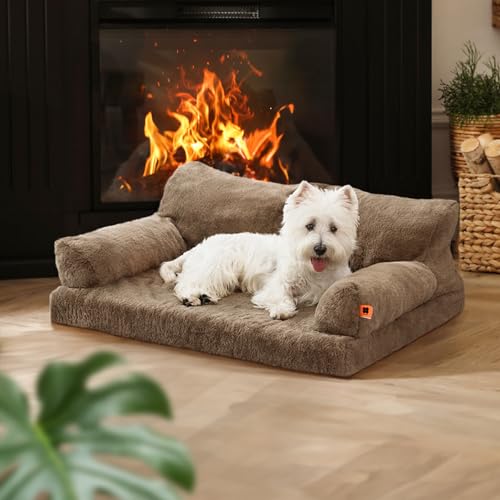 MEWOOFUN Orthopädisches Hundesofa, mittelgroß, wasserdicht, Anti-Angst-Plüschbezug für Welpen, 90 x 65 x 30 cm (Braun, L)
