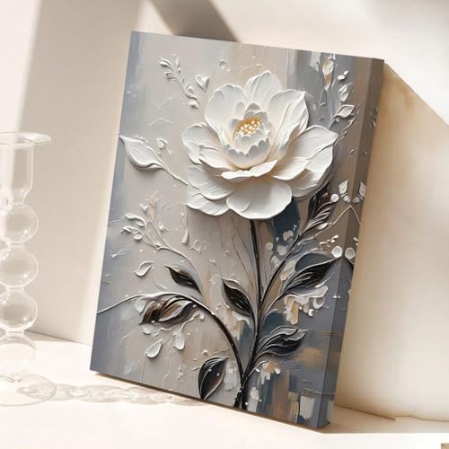 Décoration salon tableau fleurs blanches et feuillage gris - 5
