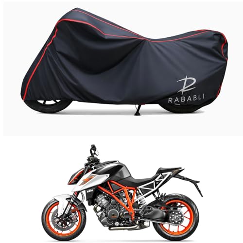 Image of Waterproof Bike Body Cover Compatible for | KTM 1290 Super Duke R STD | Taffeta Fabric, Red Piping Design, Bottom Elastic Fit | Dustproof, Sun UV & Rain Protection for All Bikes