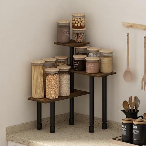 Image of Furinno Turn-N-Tube Kitchen Countertop Organizer, 3-Tier Corner Countertop Organizer Shelf, Corner Shelf, for Kitchen, Pantry, Organizers and Storage, Amber Pine