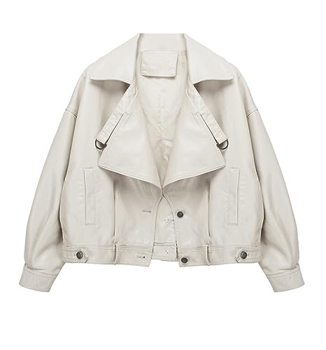 Veste courte en simili cuir beige S veste de motard ample à manches longues pour femme