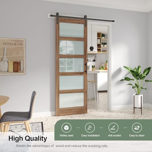 Image of FREDBECK 32 x 96 inch Glass Barn Door with 5.5FT Barn Door Hardware Kit & Handle Included,5-Panel Frosted Glass,Water-Proof Surface,Pre-Drilled Holes,Need Assembly