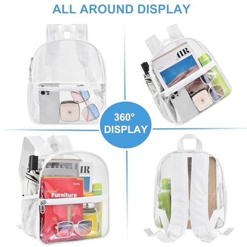 Image of Busiuw Clear Backpack for Stadium Events 12x12x6 Mini Small Sports Fan Backpacks with Front Pocket for Concert Sport Events Work Travel(White)