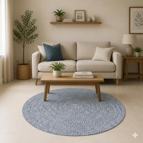 Image of Handmade Cotton Braided 3x3 feet Throw Rug - Washable, Low Pile Reversible Floor Mat for Bedroom, Kitchen, Entryway & Living Room - Eco-Friendly Woven Carpet - (Light Blue, Round)