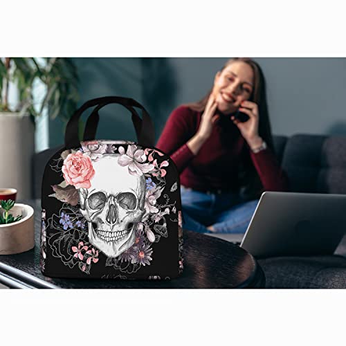 Zoczos Skulls Large Lunch Box Day Of The Dead Skeleton Vintage Grunge Gothic Roses Floral Reusable Lunch Bag For Work Beach #TOP4
