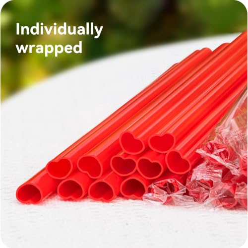 Image of 100pcs Heart-Shaped Candy Apple Red Straws, Individually Wrapped(10mm)