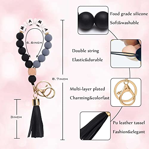 Image of BAOSIWA Silicone Key Ring Bracelet Wristlet Keychain Unique Beaded Bangle Key Chains for Women with Leather Tassel