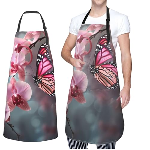 Lrtyuasq Delantal ajustable con 2 bolsillos para mujeres y hombres, con babero de koala y mariposa, delantales de chef para cocinar, Orquídea flor mariposa suave primavera fresca, Talla única