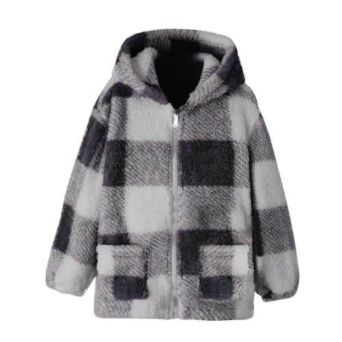 Image of NSQFKALL Boys Girls Fuzzy Plaid Jackets Long Sleeve Zip Up Plush Hooded Fall Winter Warm Outerwear Coats (Grey, 11-12 Years)