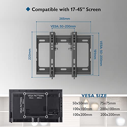 BONTEC Low Profile TV Wall Mount Bracket for Most 17-45 inch LED/ LCD/ OLED Plasma Flat Screen TVs, Ultra Slim Tilt Wall Mount up to 30kg, Max VESA 200x200mm, Bubble Level and Cable Ties Included